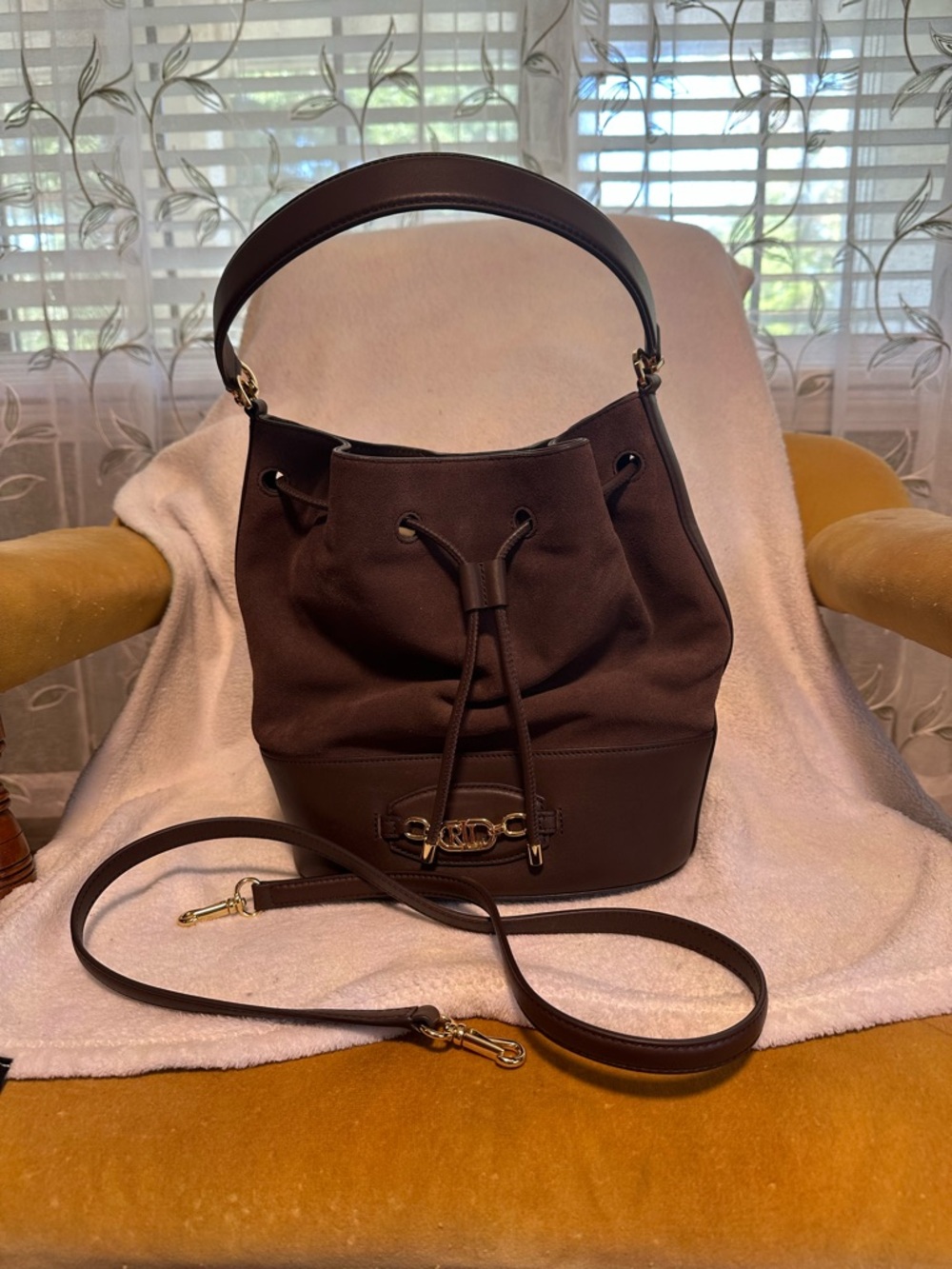 Ralph Lauren Dark Brown Drawstring Bucket Shoulder Bag with Gold Hardware